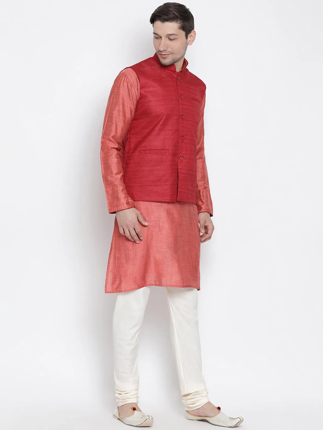 VASTRAMAY Men's Pink Cotton Silk Blend Kurta, Ethnic Jacket and Pyjama Set