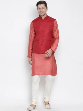 VASTRAMAY Men's Pink Cotton Silk Blend Kurta, Ethnic Jacket and Pyjama Set