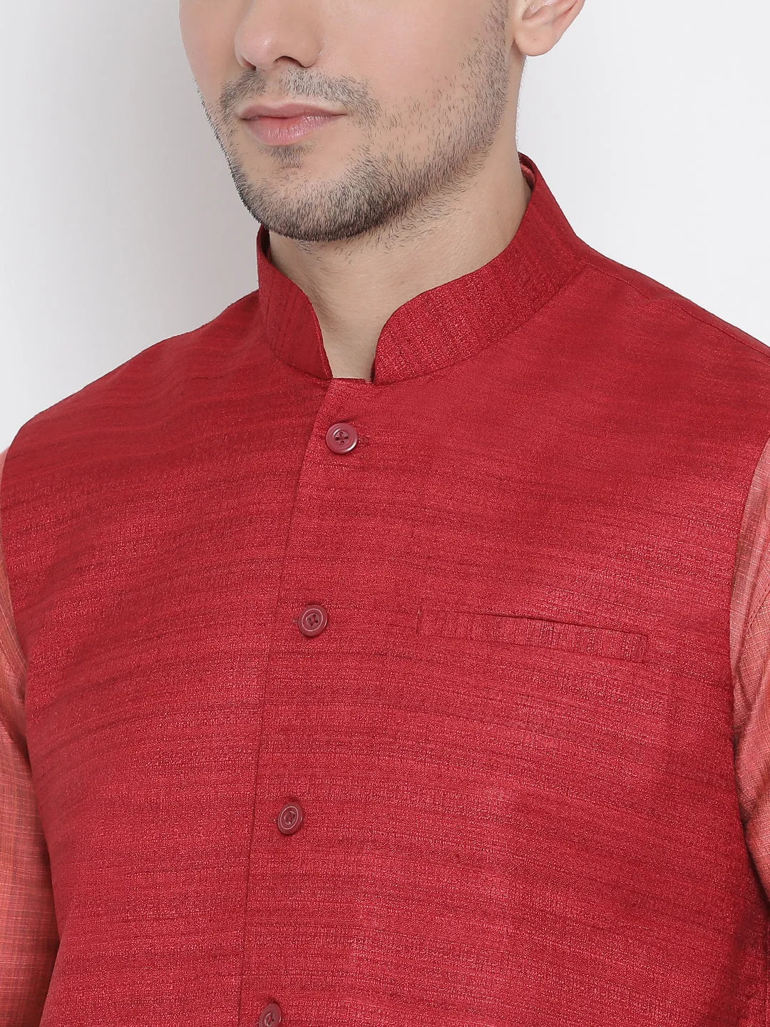 VASTRAMAY Men's Pink Cotton Silk Blend Kurta, Ethnic Jacket and Pyjama Set