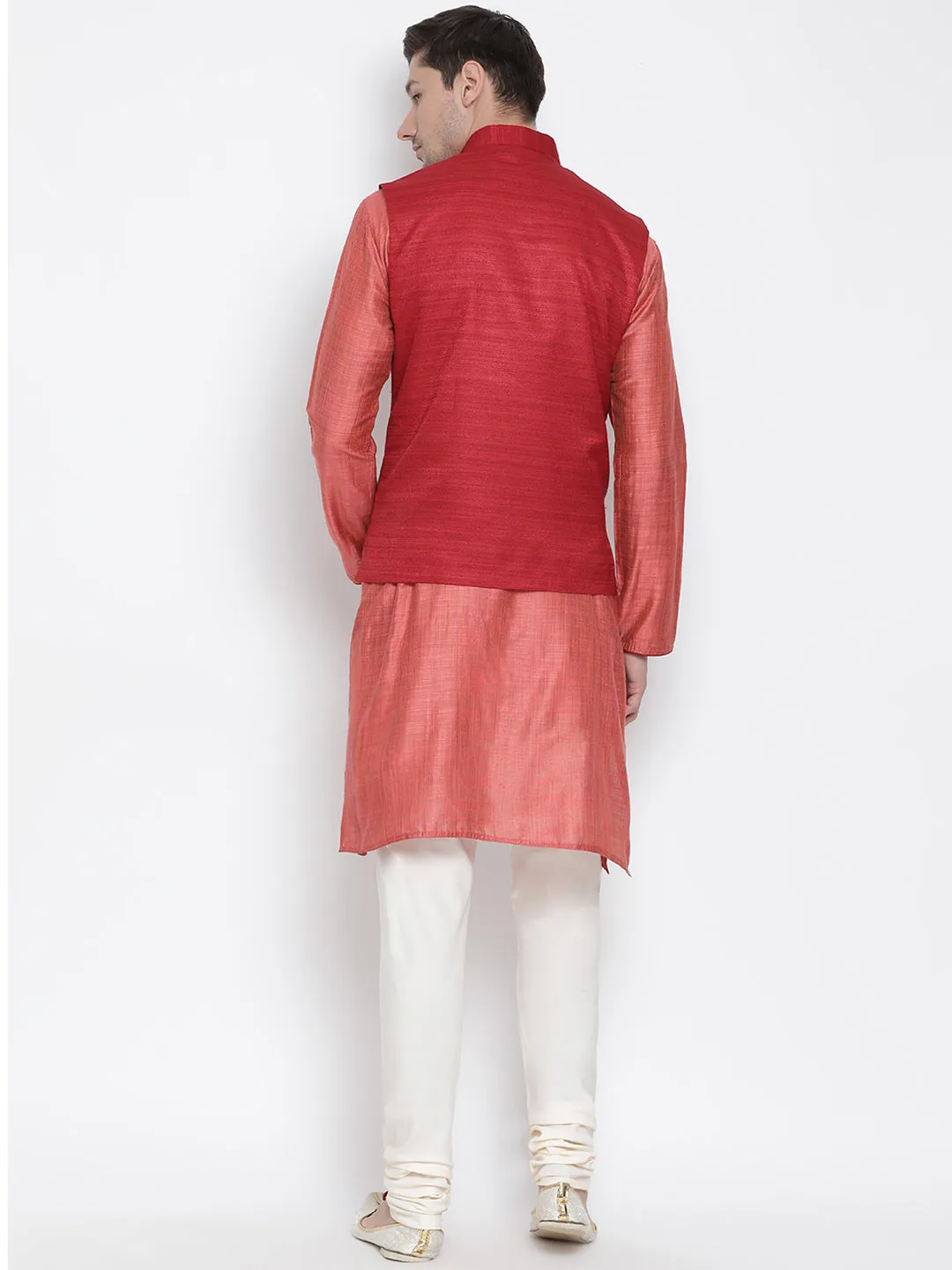 VASTRAMAY Men's Pink Cotton Silk Blend Kurta, Ethnic Jacket and Pyjama Set