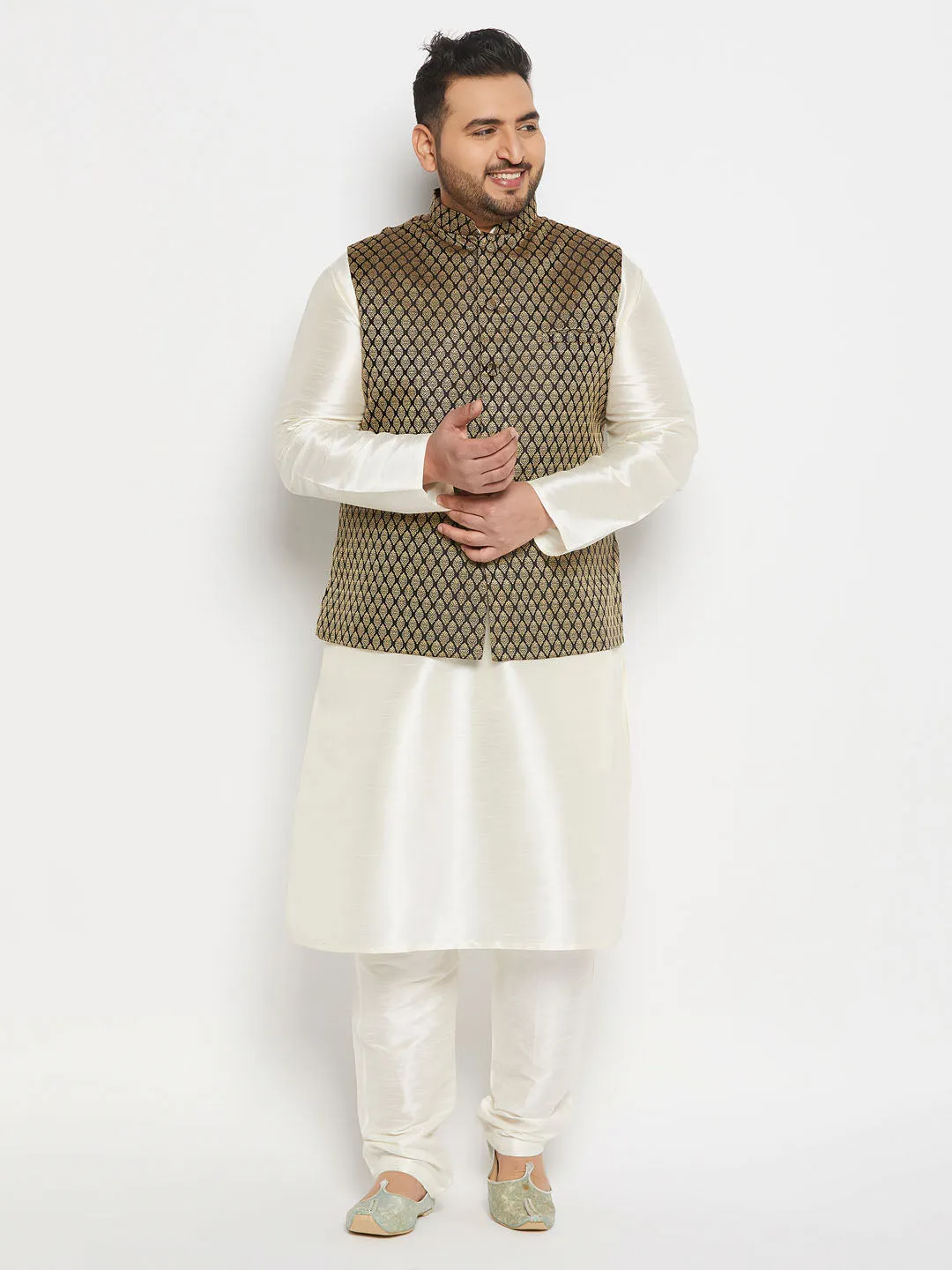 VASTRAMAY Men's Plus Size  Black Ethnic Jacket With Cream Silk Blend Kurta and Pant Style Pyjama Set