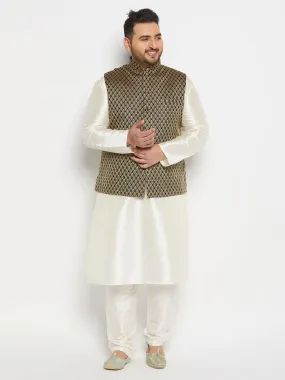 VASTRAMAY Men's Plus Size  Black Ethnic Jacket With Cream Silk Blend Kurta and Pant Style Pyjama Set