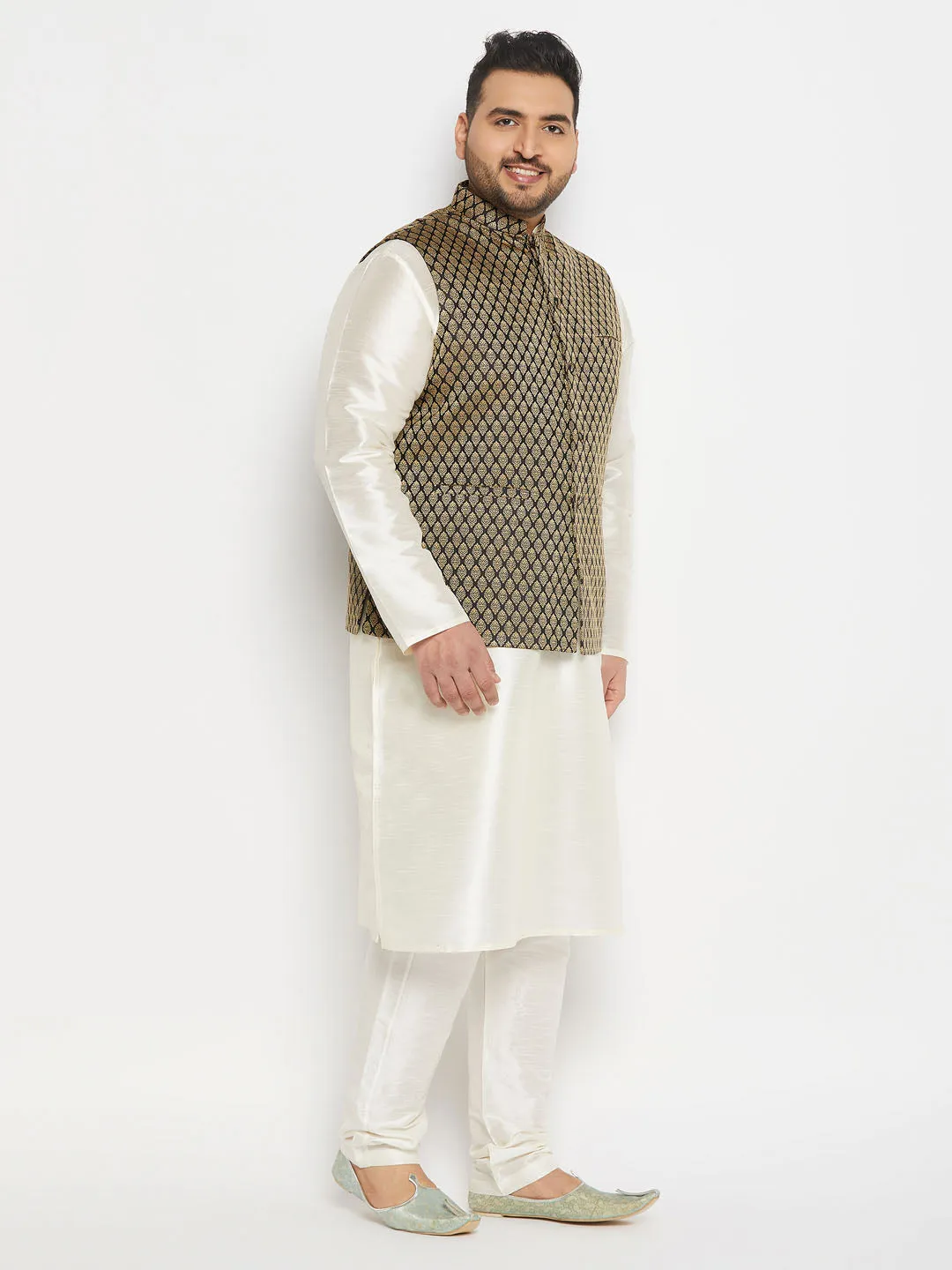 VASTRAMAY Men's Plus Size  Black Ethnic Jacket With Cream Silk Blend Kurta and Pant Style Pyjama Set