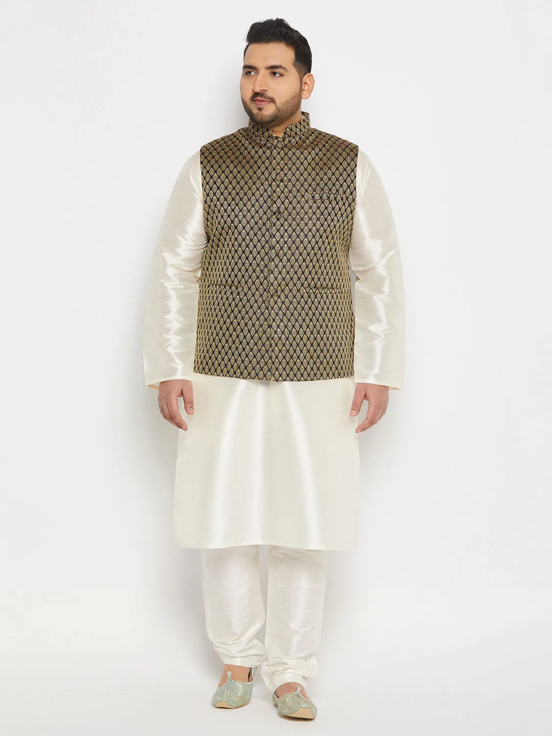 VASTRAMAY Men's Plus Size  Black Ethnic Jacket With Cream Silk Blend Kurta and Pant Style Pyjama Set