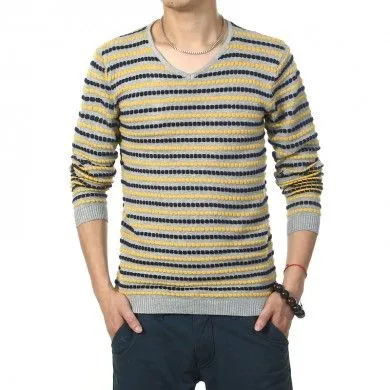 V Neck Sweater for men with striped horizontal pattern Wool Knit