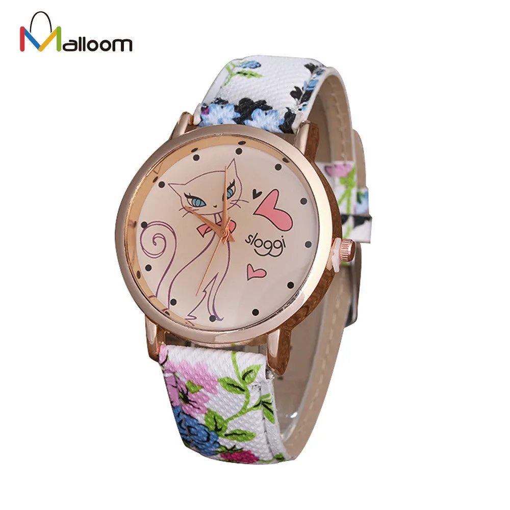 Watch Women Dress Clock Cute Cartoon Cat Pattern Casual PU Leather Quartz Wrist Relogio Feminino