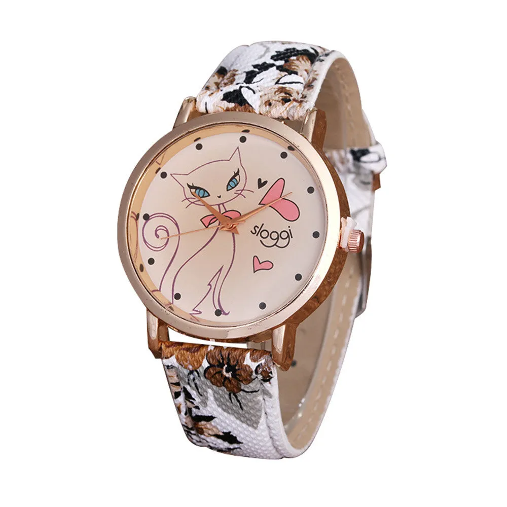 Watch Women Dress Clock Cute Cartoon Cat Pattern Casual PU Leather Quartz Wrist Relogio Feminino