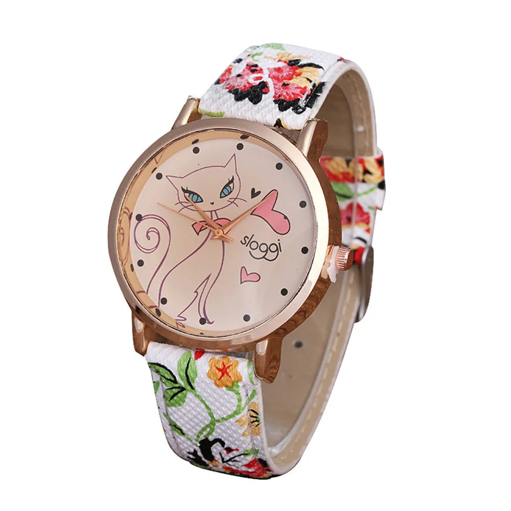 Watch Women Dress Clock Cute Cartoon Cat Pattern Casual PU Leather Quartz Wrist Relogio Feminino