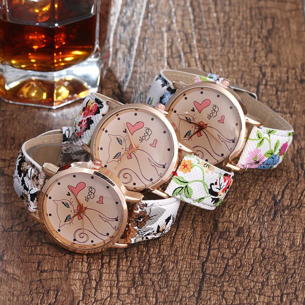 Watch Women Dress Clock Cute Cartoon Cat Pattern Casual PU Leather Quartz Wrist Relogio Feminino