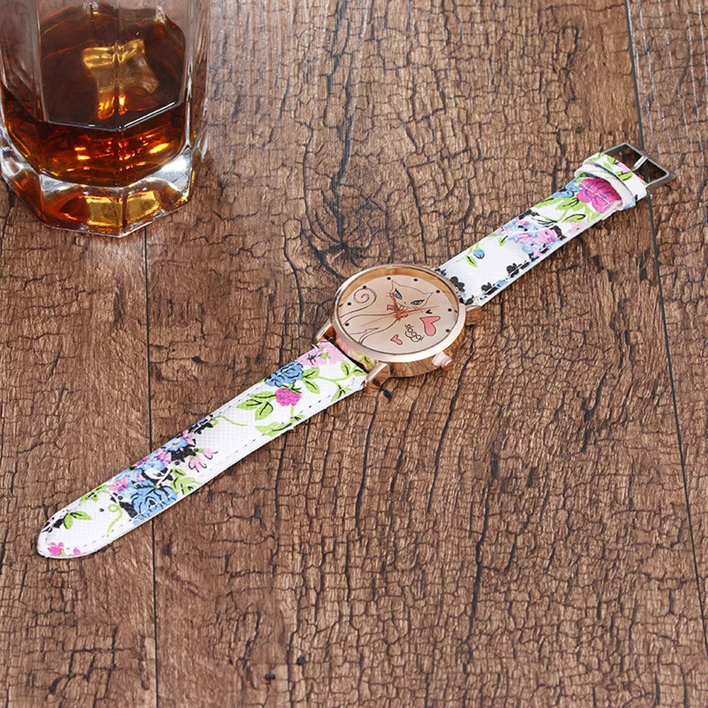 Watch Women Dress Clock Cute Cartoon Cat Pattern Casual PU Leather Quartz Wrist Relogio Feminino