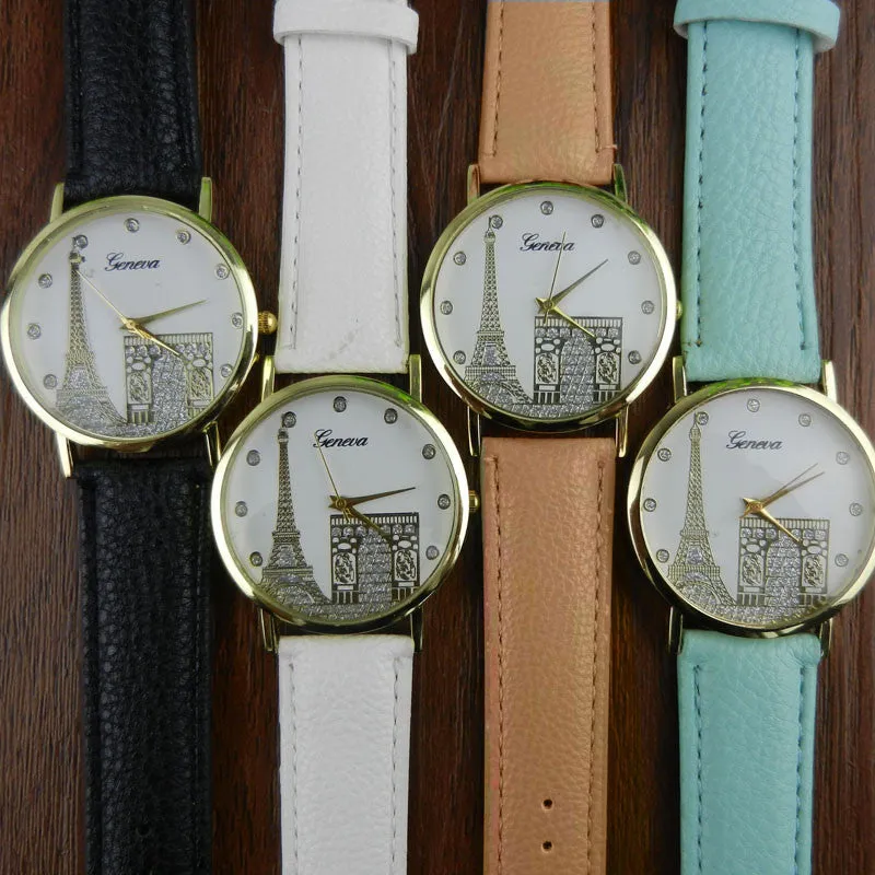 Watch Women Dress Clock Eiffel Tower Pattern Weaved PU Leather Quartz Relogio Feminino Gift