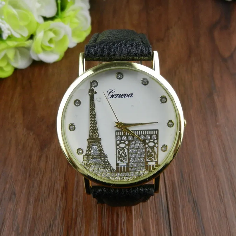 Watch Women Dress Clock Eiffel Tower Pattern Weaved PU Leather Quartz Relogio Feminino Gift