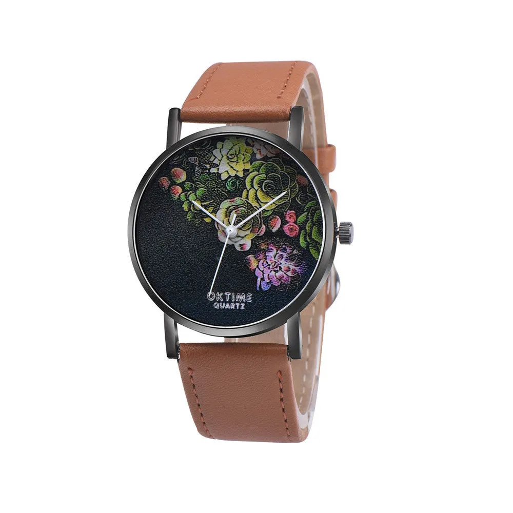 Watch Women Dress Clock Retro Design Flower Pattern PU Leather Band Analog Quartz Relogio Feminino Gift