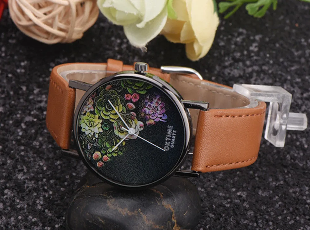 Watch Women Dress Clock Retro Design Flower Pattern PU Leather Band Analog Quartz Relogio Feminino Gift