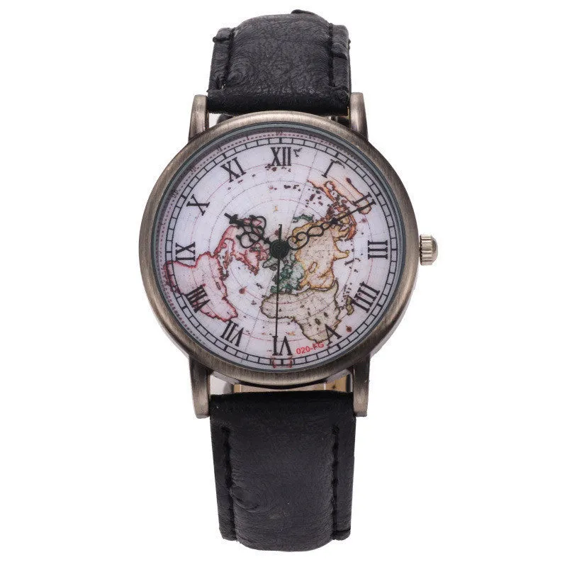 Watch Women Retro Design Dress Clock World Map PU Leather Analog Quartz Watch Relogio Feminino