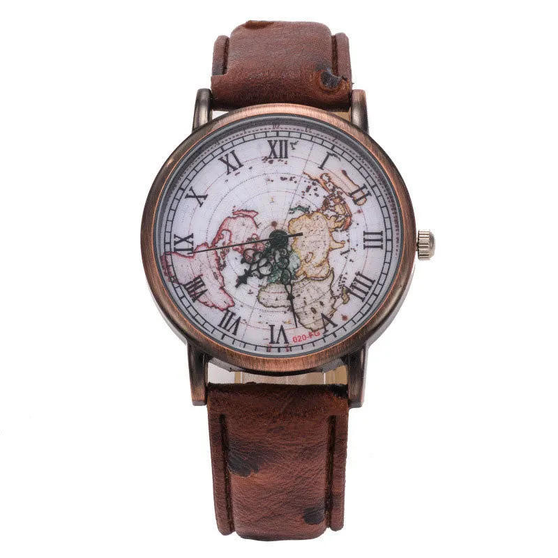 Watch Women Retro Design Dress Clock World Map PU Leather Analog Quartz Watch Relogio Feminino