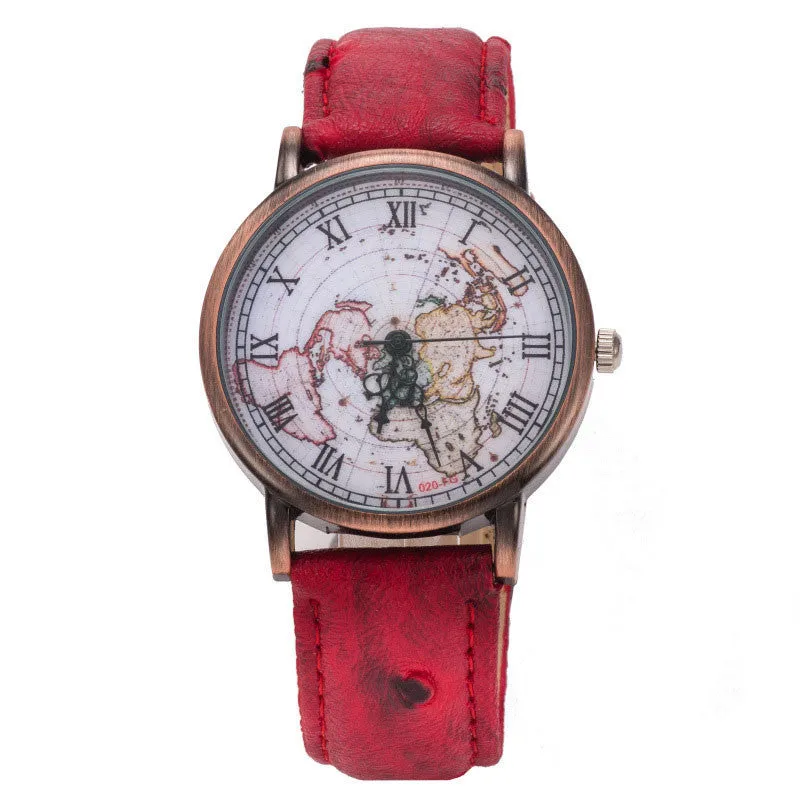 Watch Women Retro Design Dress Clock World Map PU Leather Analog Quartz Watch Relogio Feminino