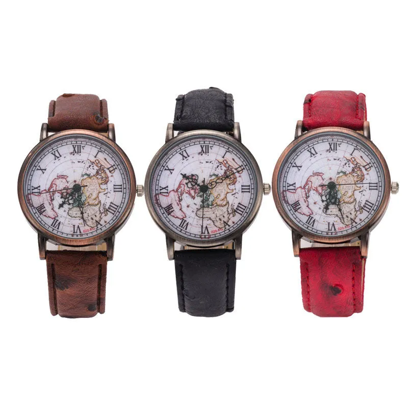 Watch Women Retro Design Dress Clock World Map PU Leather Analog Quartz Watch Relogio Feminino