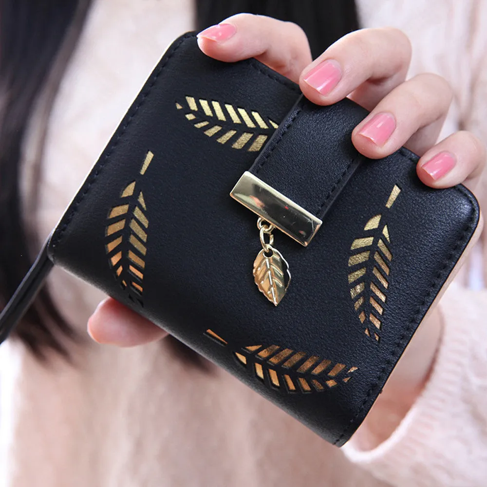 Women Bifold Wallet Leaf Pattern PU Leather Clutch Card Holder Purse Handbag bolsa feminina