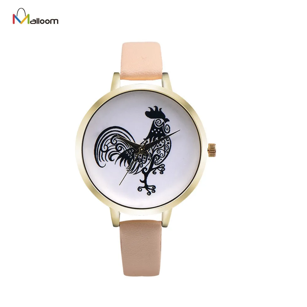 Women Watch Retro Design Lovely Cock Pattern Dress Clock PU Leather Band Analog Quartz Relogio Feminino